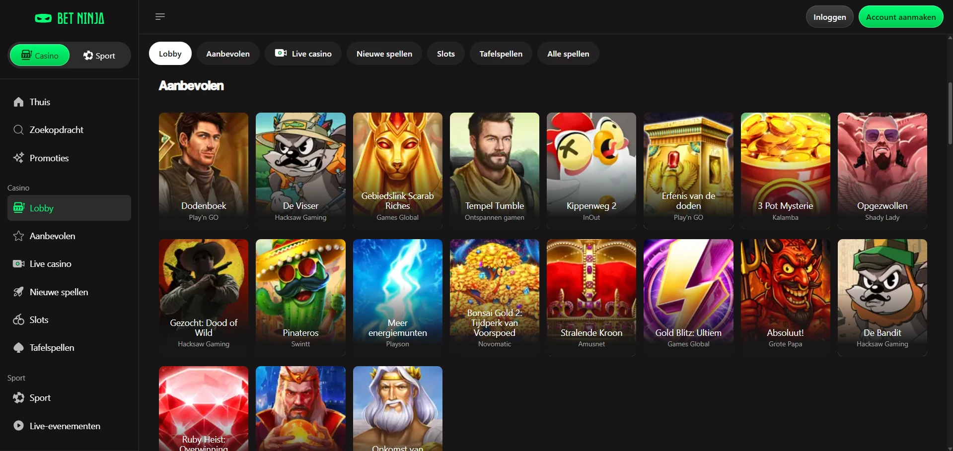 Spellenlobby van Bet Ninja Casino