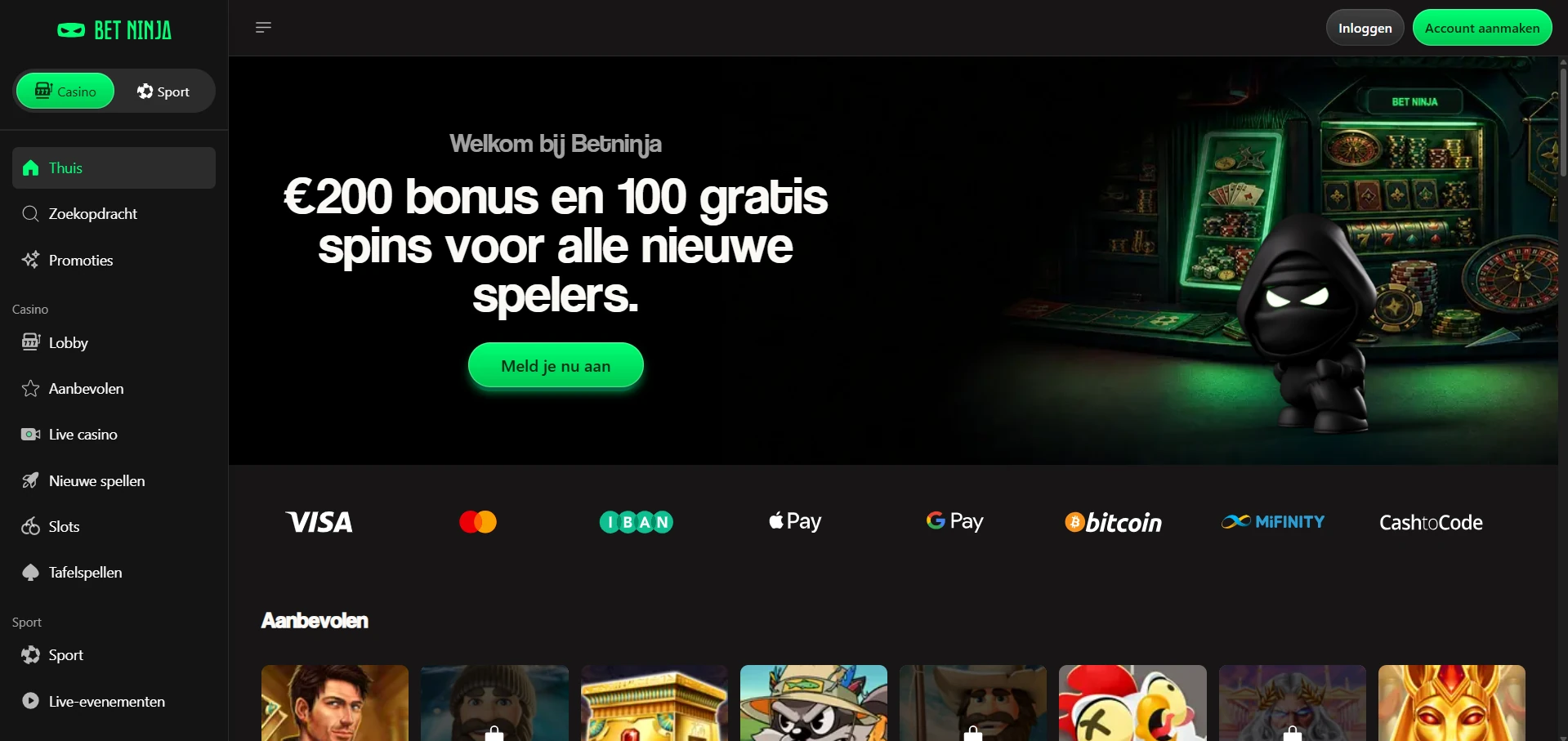 Startpagina van Bet Ninja Casino met het spelaanbod