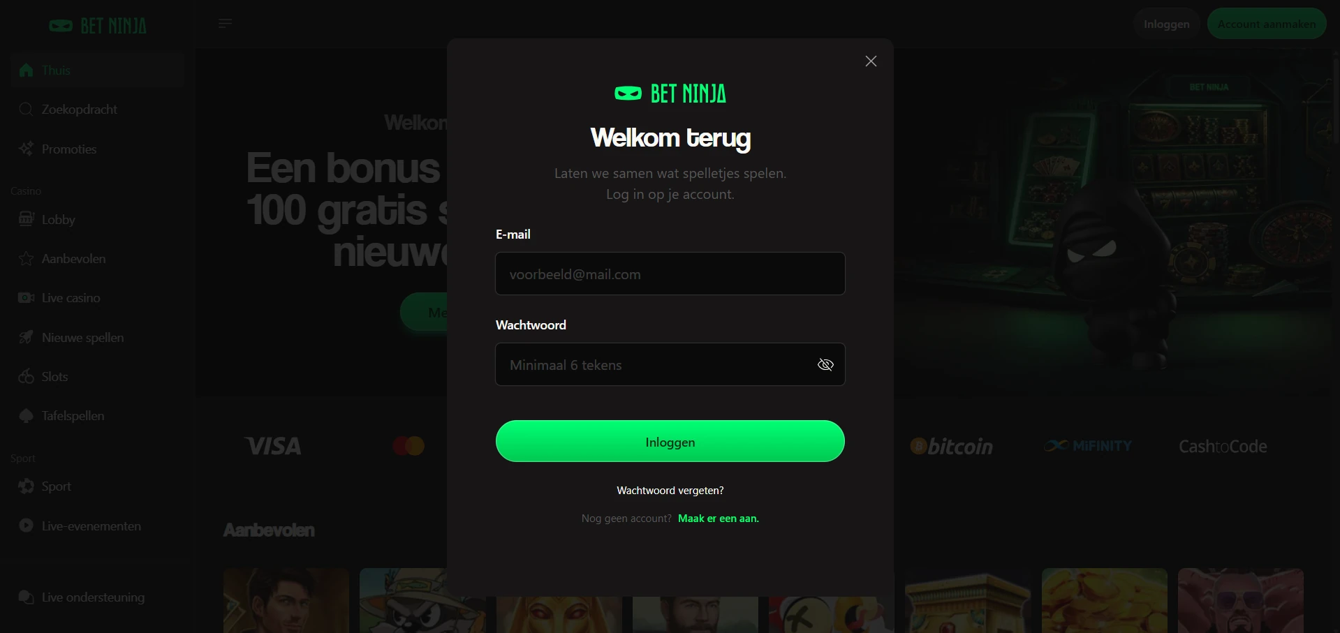 Inlogscherm van Bet Ninja Casino